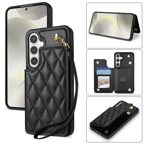 Samsung Galaxy A16 5G Rhombic Dual Buckle Card Slots Phone Case with Lanyard - Black